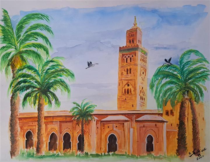 Aquarelle architecture marocaine minaret et palmiers — Abdel Hakim Hassainate
