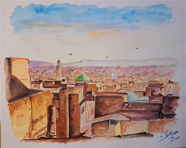 Aquarelle médina marocaine vue sur les toits — Abdel Hakim Hassainate