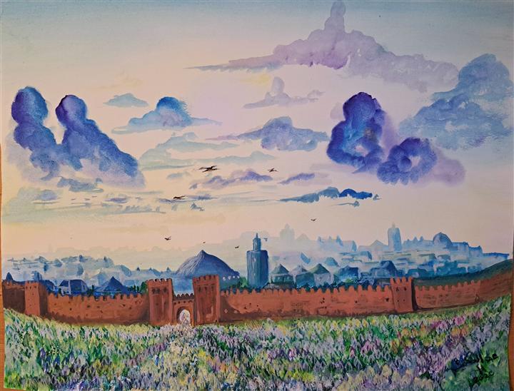 Aquarelle paysage marocain remparts et fleurs — Abdel Hakim Hassainate