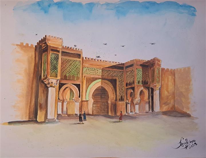Aquarelle porte monumentale marocaine — Abdel Hakim Hassainate