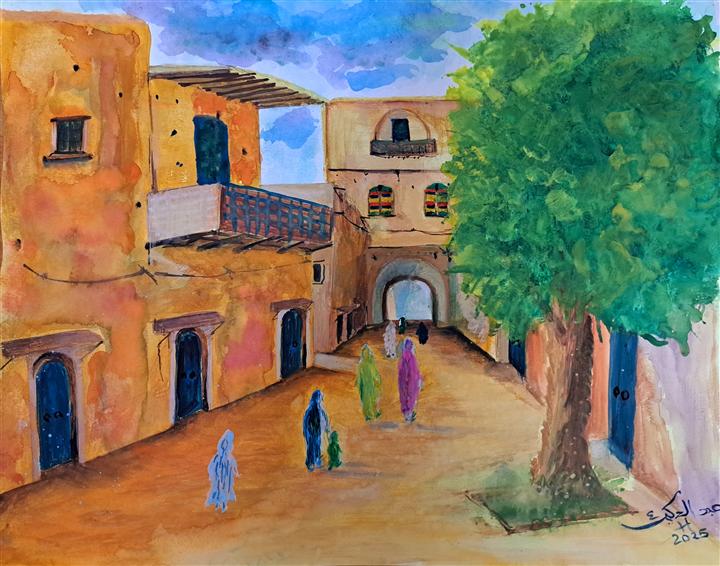 Aquarelle ruelle marocaine arbre et passants — Abdel Hakim Hassainate