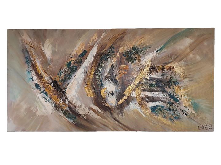 Peinture abstraite beige noire et dorée traces gestuelles — Abdel Hakim Hassainate