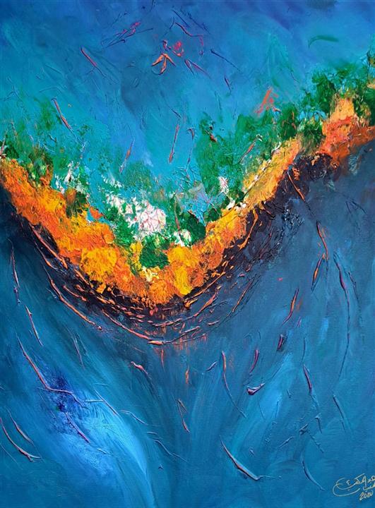 Peinture abstraite bleue orange forme émergente — Abdel Hakim Hassainate