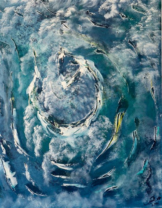 Peinture abstraite bleue spirale et matière blanche — Abdel Hakim Hassainate