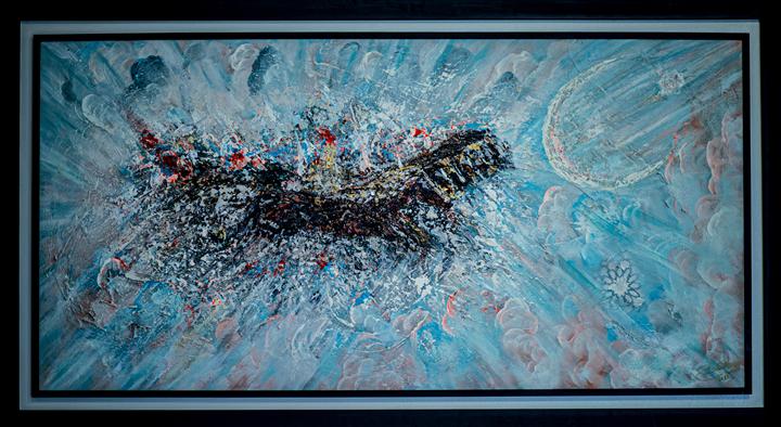 Peinture abstraite bleue traces noires et matière lumineuse — Abdel Hakim Hassainate