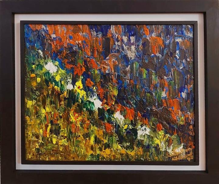 Peinture abstraite colorée encadrée explosion florale — Abdel Hakim Hassainate