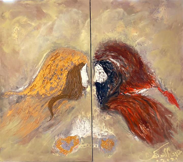 Peinture abstraite diptyque formes organiques dorées — Abdel Hakim Hassainate