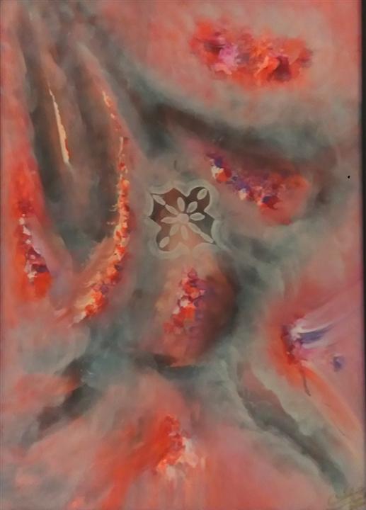 Peinture abstraite douce gris rouge signes et traces — Abdel Hakim Hassainate