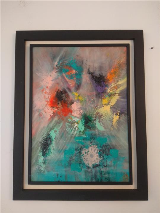 Peinture abstraite encadrée turquoise rouge et gris — Abdel Hakim Hassainate