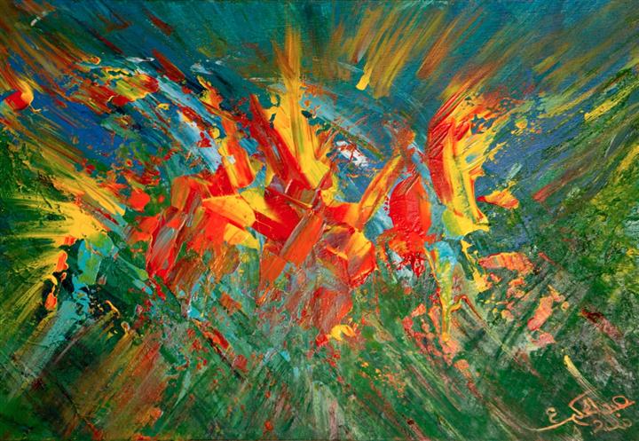 Peinture abstraite explosion rouge jaune verte — Abdel Hakim Hassainate
