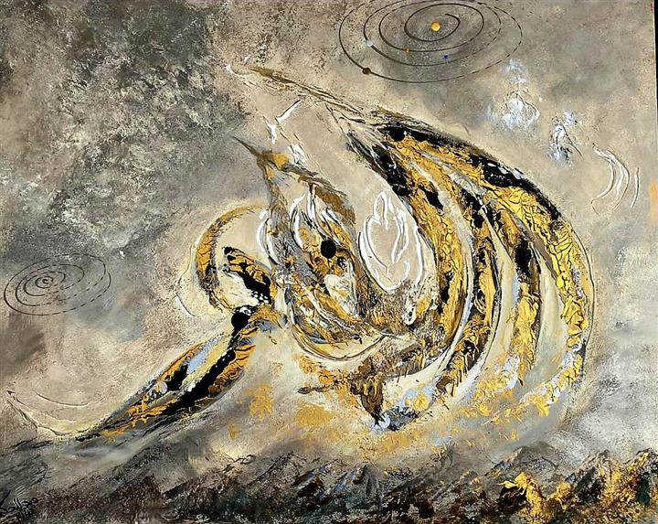 Peinture abstraite gris or calligraphie et mouvement — Abdel Hakim Hassainate