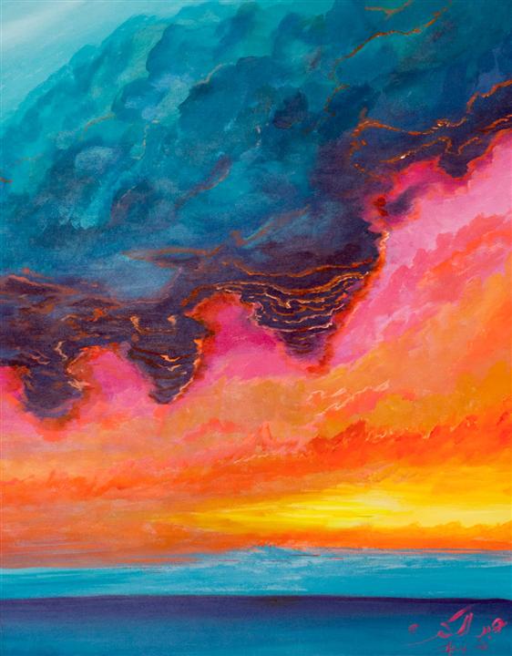 Peinture abstraite horizon rouge bleu et rose — Abdel Hakim Hassainate