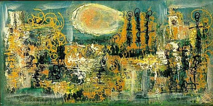 Peinture abstraite jaune et verte astre lumineux — Abdel Hakim Hassainate