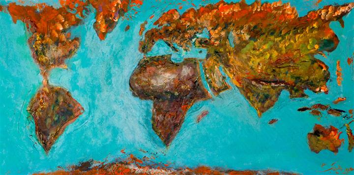 Peinture abstraite mappemonde ocre et turquoise — Abdel Hakim Hassainate