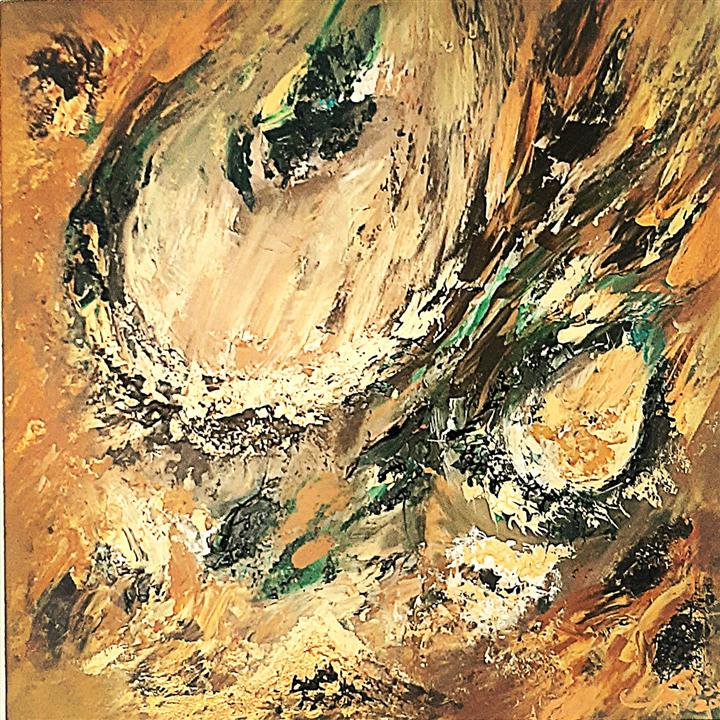 Peinture abstraite ocre verte traces et matière — Abdel Hakim Hassainate
