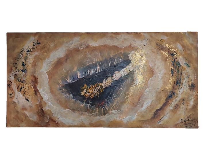 Peinture abstraite œil ocre bleu et matière dorée — Abdel Hakim Hassainate