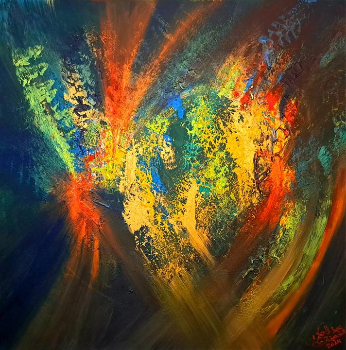 Peinture abstraite sombre éclat rouge jaune et vert — Abdel Hakim Hassainate
