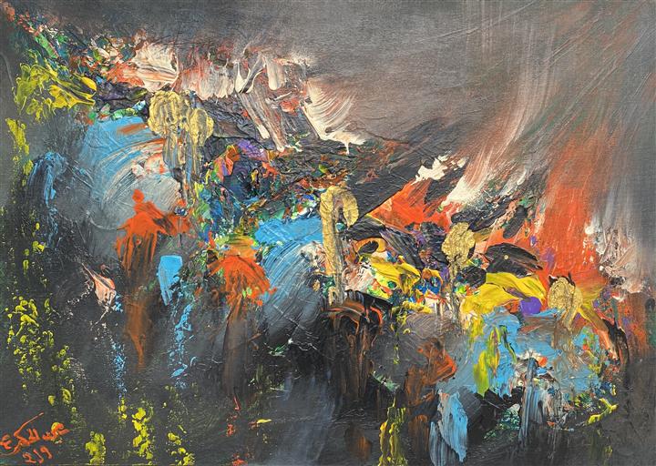 Peinture abstraite sombre éclats bleus jaunes rouges — Abdel Hakim Hassainate
