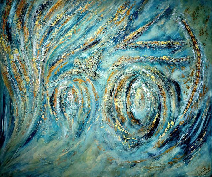 Peinture abstraite spirales bleues et or texture dorée — Abdel Hakim Hassainate