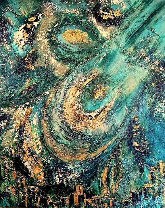 Peinture abstraite turquoise spirales matière dorée — Abdel Hakim Hassainate