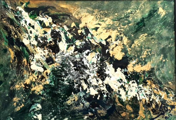 Peinture abstraite verte noire et blanche matière dense — Abdel Hakim Hassainate