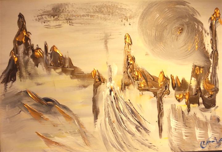 Peinture paysage imaginaire doré silhouettes et lumière — Abdel Hakim Hassainate