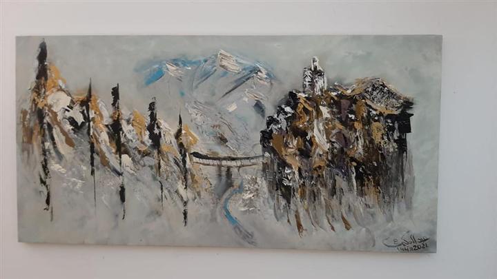 Peinture paysage montagne hiver spatule blanc noir or — Abdel Hakim Hassainate