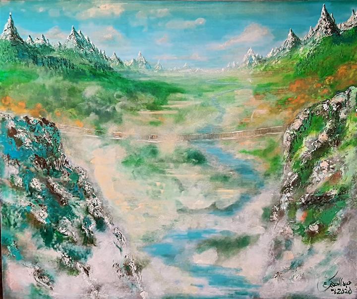 Peinture paysage vallée montagnes enneigées verts et blanc — Abdel Hakim Hassainate